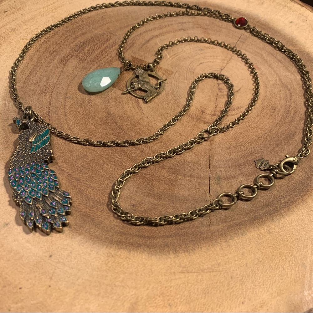 Lucky Brand Bronze Tone Red Stone Crane Medallion Peacock Statement Necklace